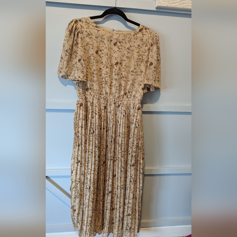 PinkBlush Maternity Beige Pleated Short Sleeve Chiffon Midi Dress